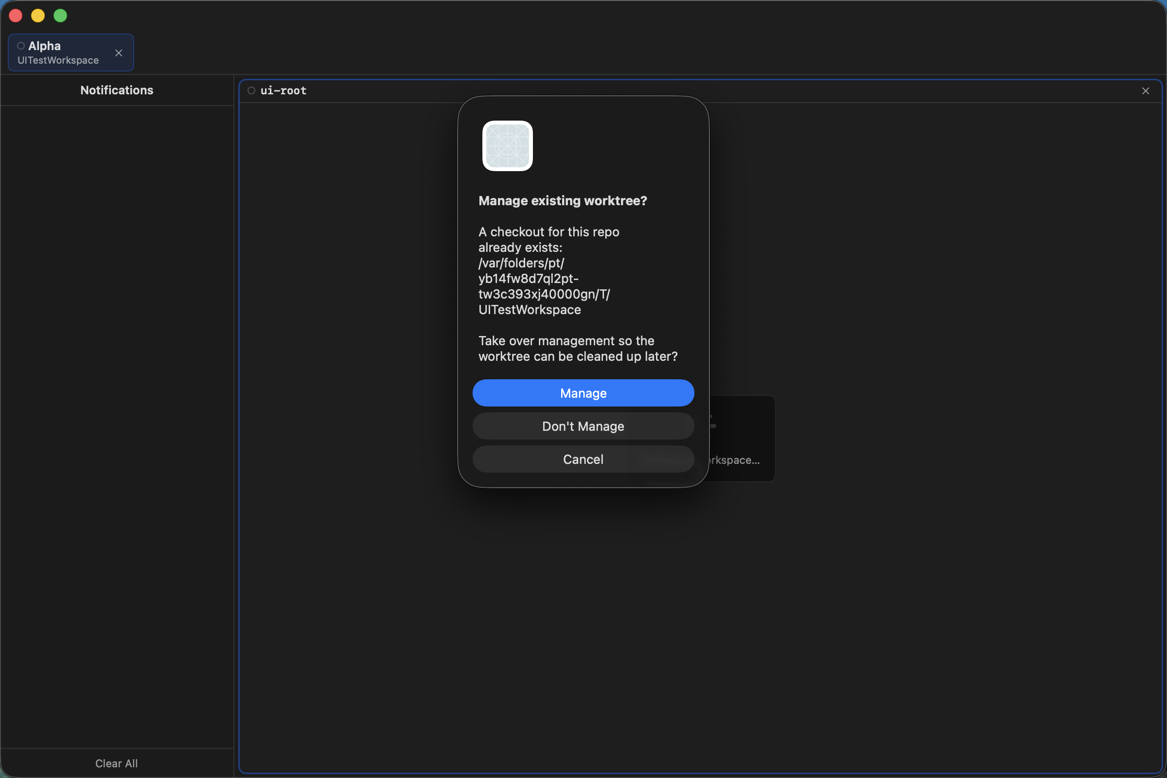 Existing worktree management prompt in Agent Session Manager