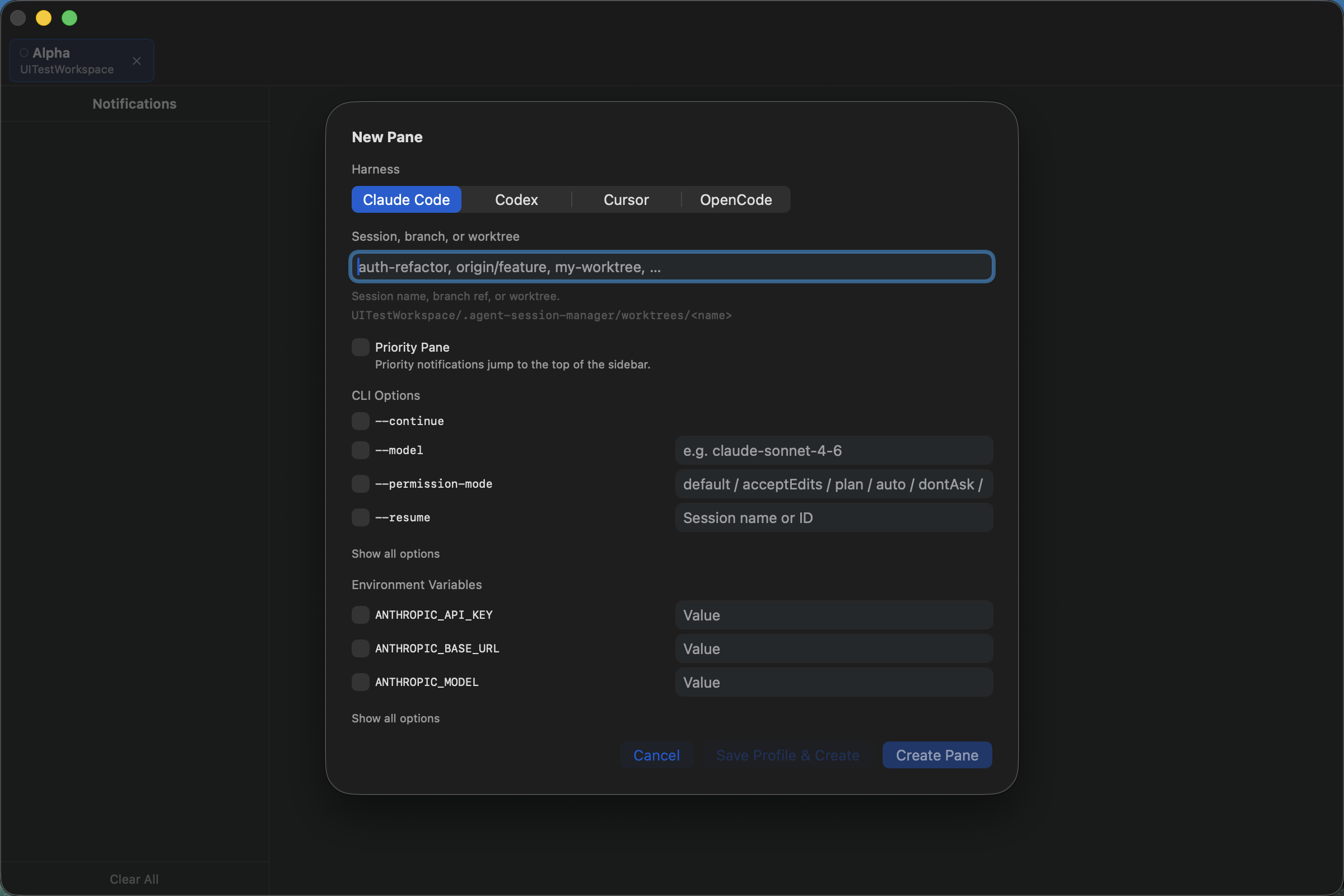 Agent Session Manager New Pane sheet