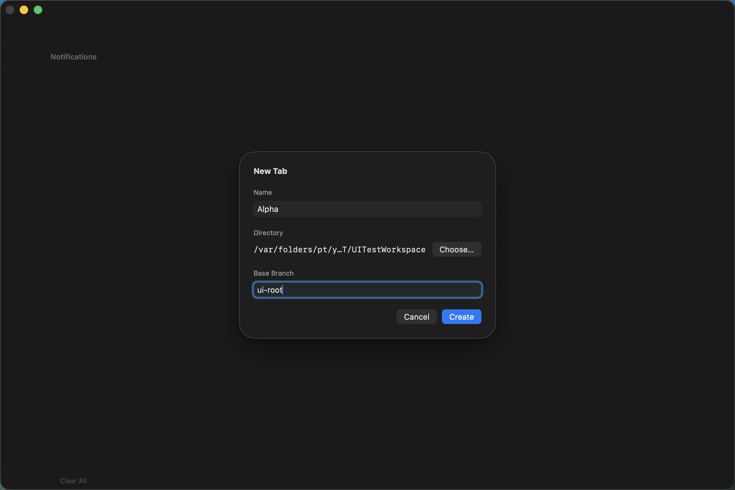 Agent Session Manager New Tab sheet with a project directory and base branch