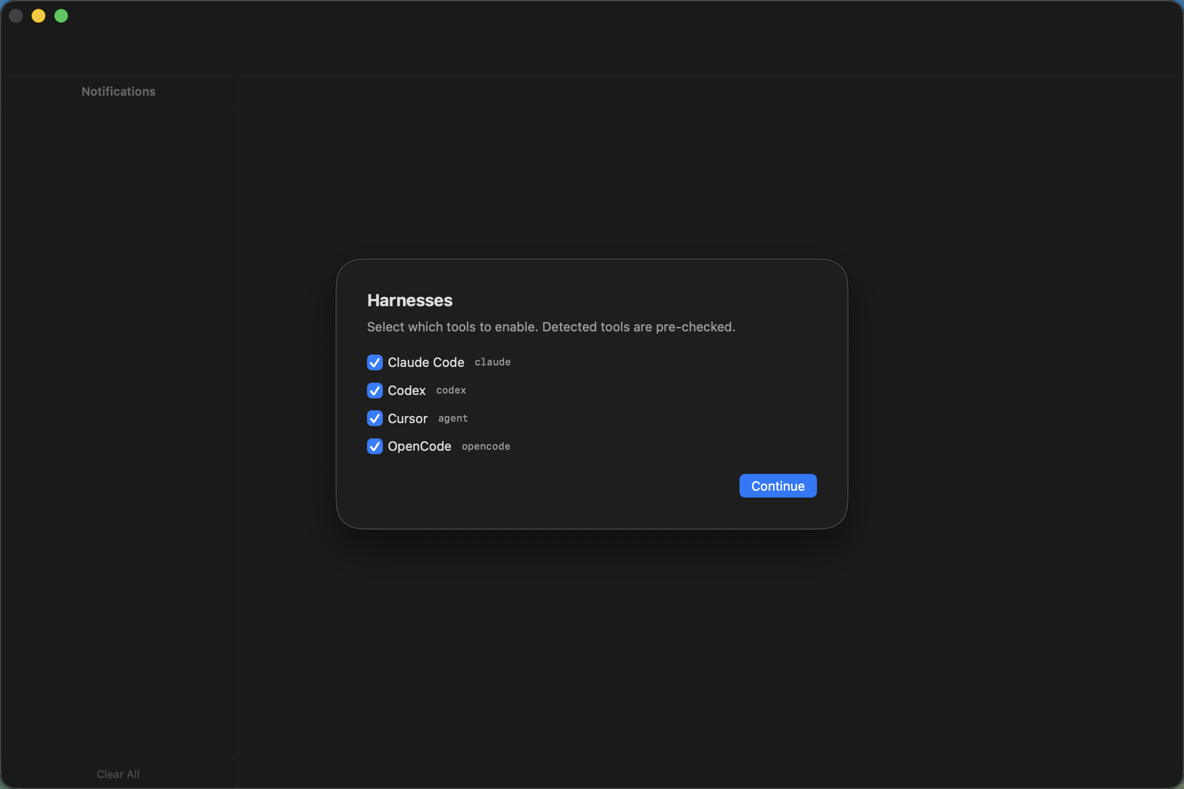 Agent Session Manager Harnesses setup screen
