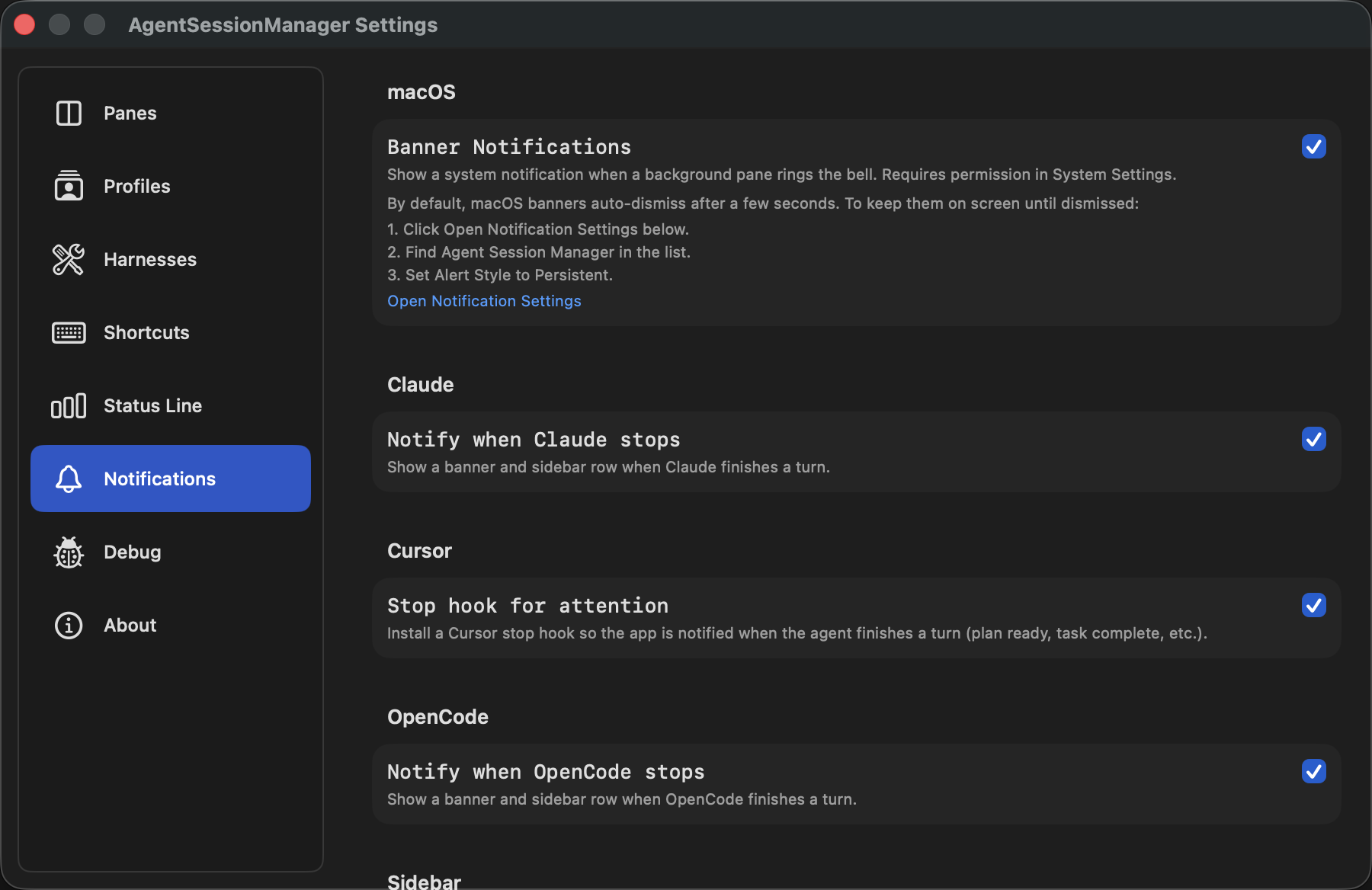 Agent Session Manager Notifications settings