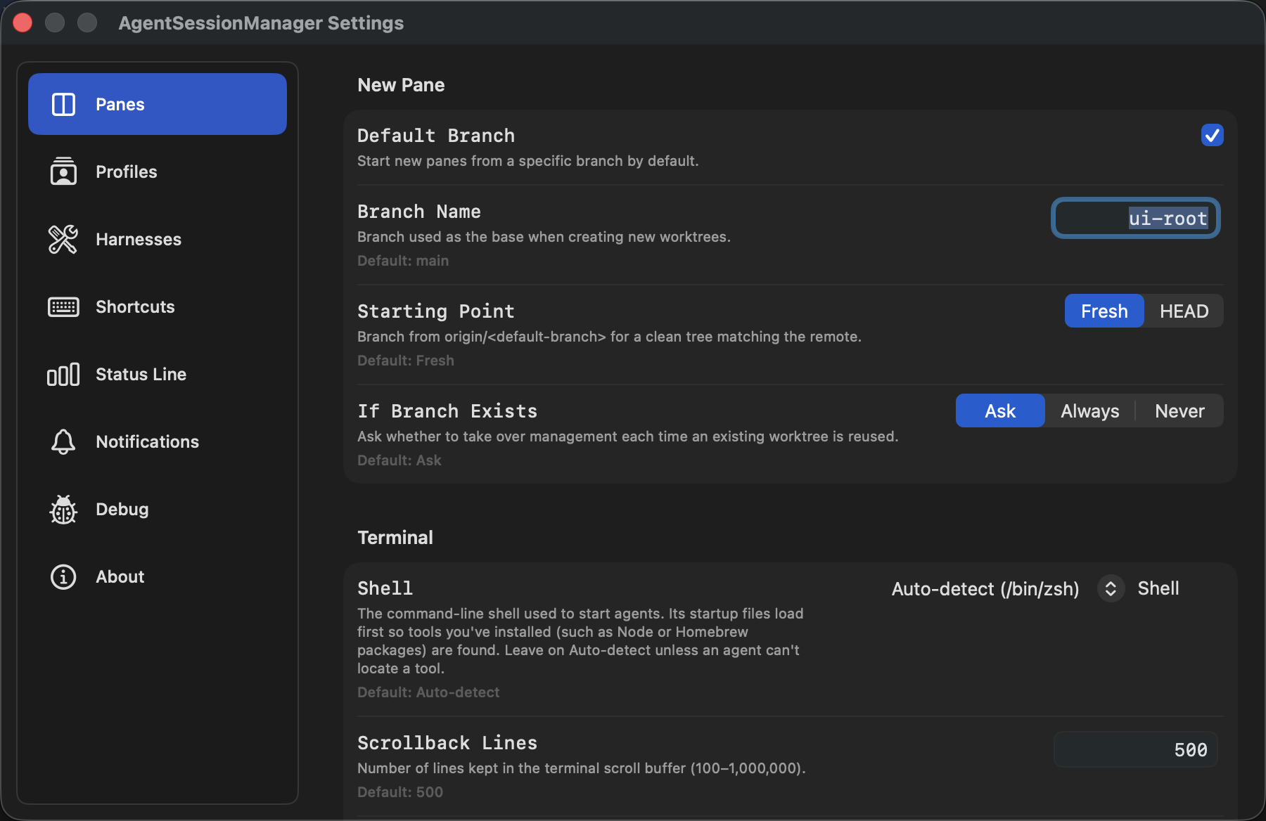 Agent Session Manager terminal settings