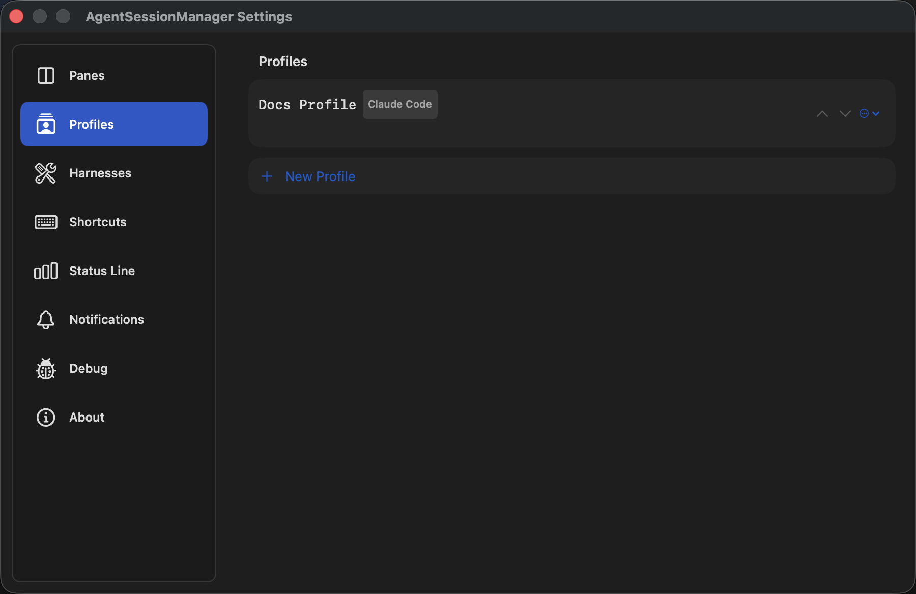 Agent Session Manager Profiles settings with a saved profile