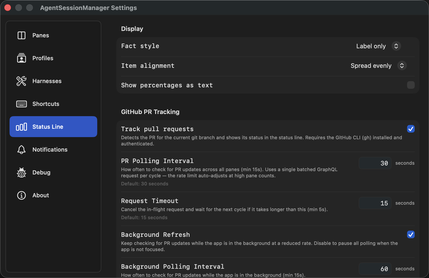 Agent Session Manager Status Line settings