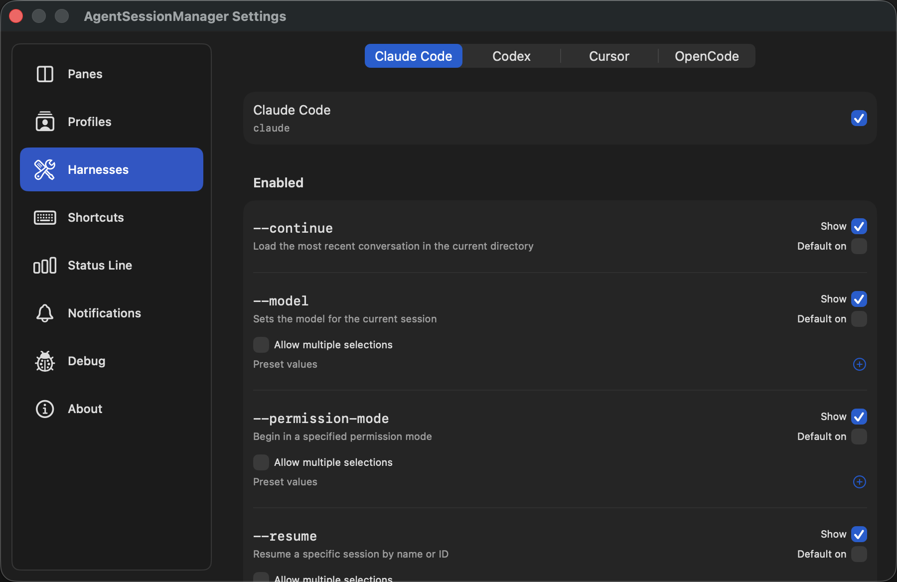 Agent Session Manager Harnesses settings